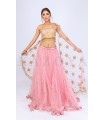 Gold Sequins on a Designer Pink Net Lengha choli with Dupatta
